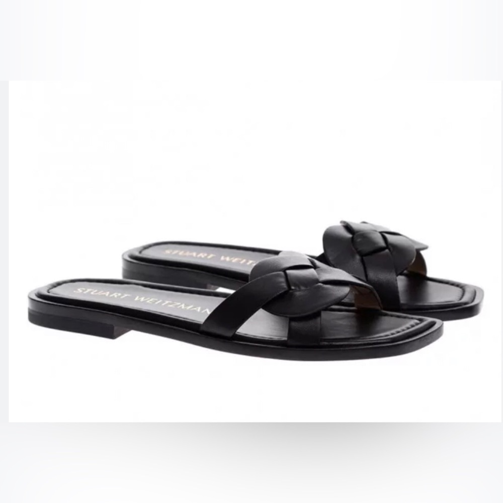 Stuart Weitzman Black Woven Leather Flat Sandals Sz. 9.5 Like New!